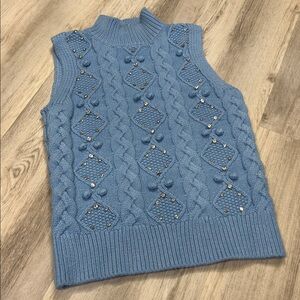 Boston Proper Rhinestone & Pom Pom Embellished Cable Turtleneck Sweater Tank XS